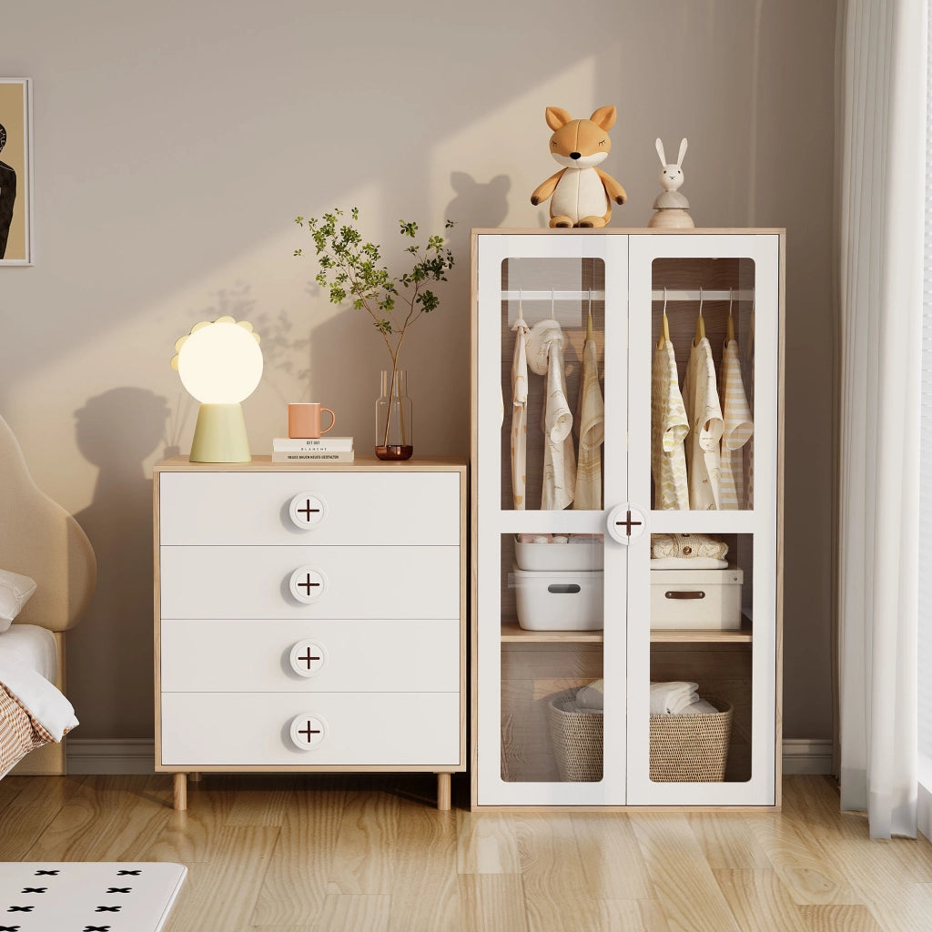 COMODINO 4 cassetti 80x54x90 cm MDF Naturale e Bianco