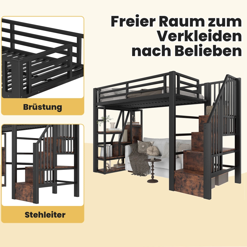 Letto a soppalco per bambini 90x200 cm con LED; ripiani e gradini contenitore; metallo e MDF nero