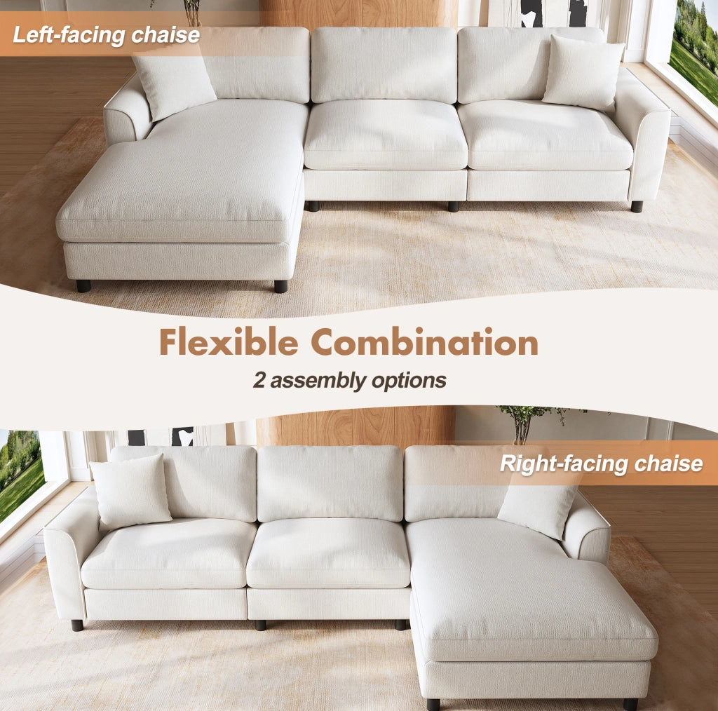 Divano angolare modulare beige in chenille con letto largo 90 cm e struttura in legno e metallo, 256×137×79 cm