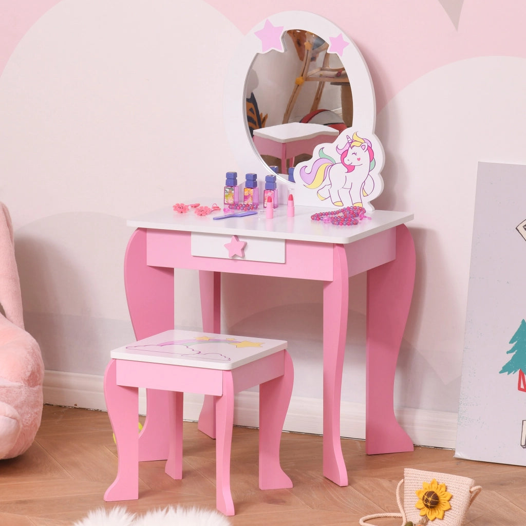 EasyComfort Specchiera Giocattolo con Cassetto e Sgabello Gioco Bambine 3-6 Anni