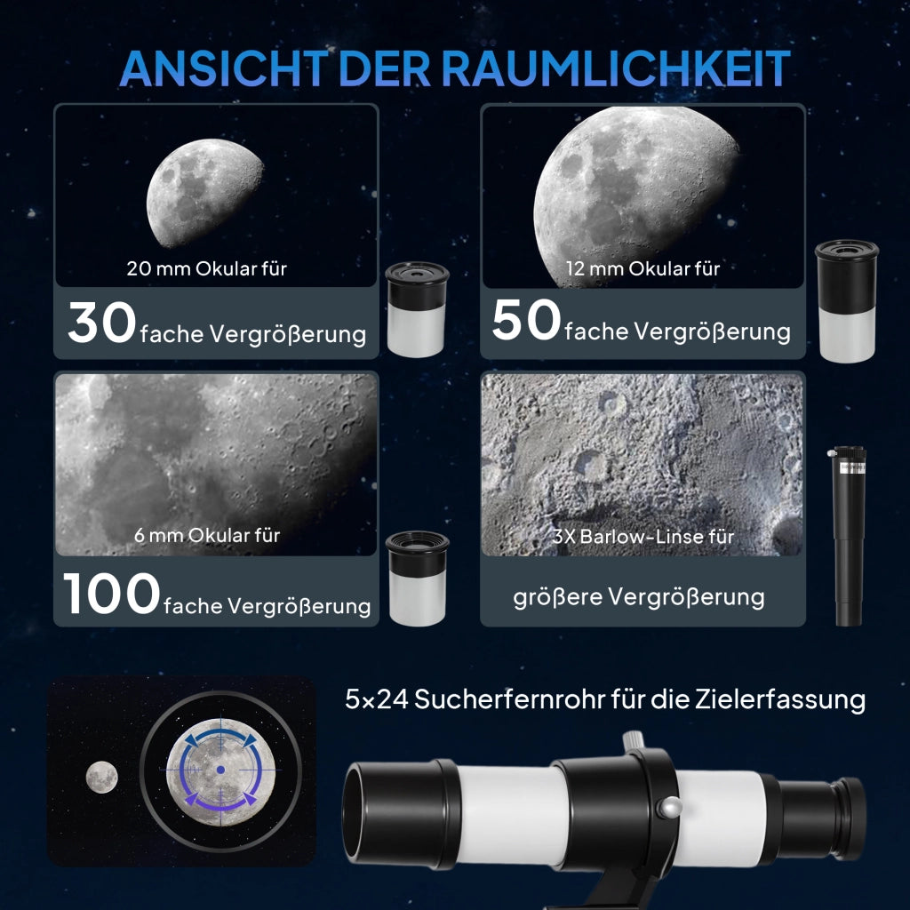 Telescopio astronomico con obiettivo da 70 mm, 5 x 24, treppiede regolabile, argento, per principianti