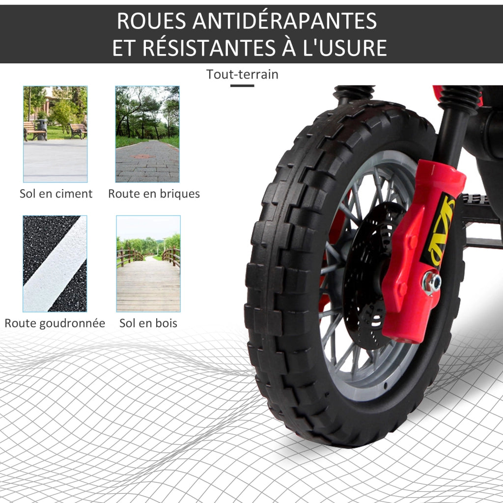 Moto cross elettrica per bambini 3-6 anni 6V con fari clacson e rotelle rimovibili 102 x 58 x 66 cm rosso e nero