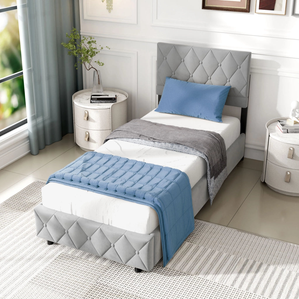 Letto contenitore imbottito grigio in PU 90 × 190 cm