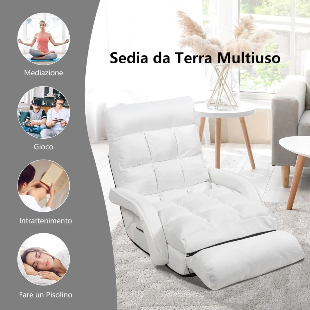 Poltrona Divano con 5 Livelli Regolabili, Sedia da Terra con Braccioli e Cuscino, Struttura in Acciaio, Multifunzione e Pieghevole per Soggiorno Camera da Letto, 55x66x71 cm (Bianco)