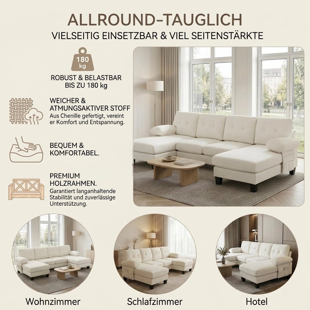 Divano panoramico con doppia chaise longue in ciniglia beige tasche laterali e braccioli rimovibili 84 × 268 × 128 cm