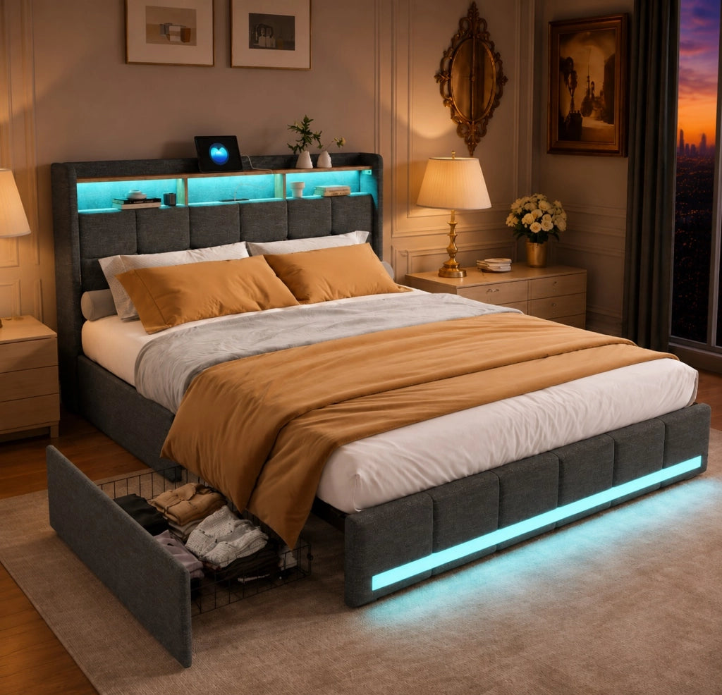 Letto matrimoniale imbottito 140x190 cm con 4 cassetti ; letto Contenitore con LED e USB; letto funzionale letto adulti ;Lino Grigio Scuro