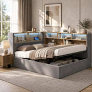 Letto con contenitore idraulico LED USB e USB-C in velluto grigio