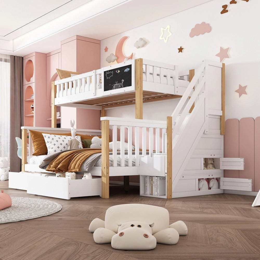 Letto a Castello Bambini con Cassetti e Lavagna ¨C Xylo ¨C Bianco/Rovere, 90x200+140x200