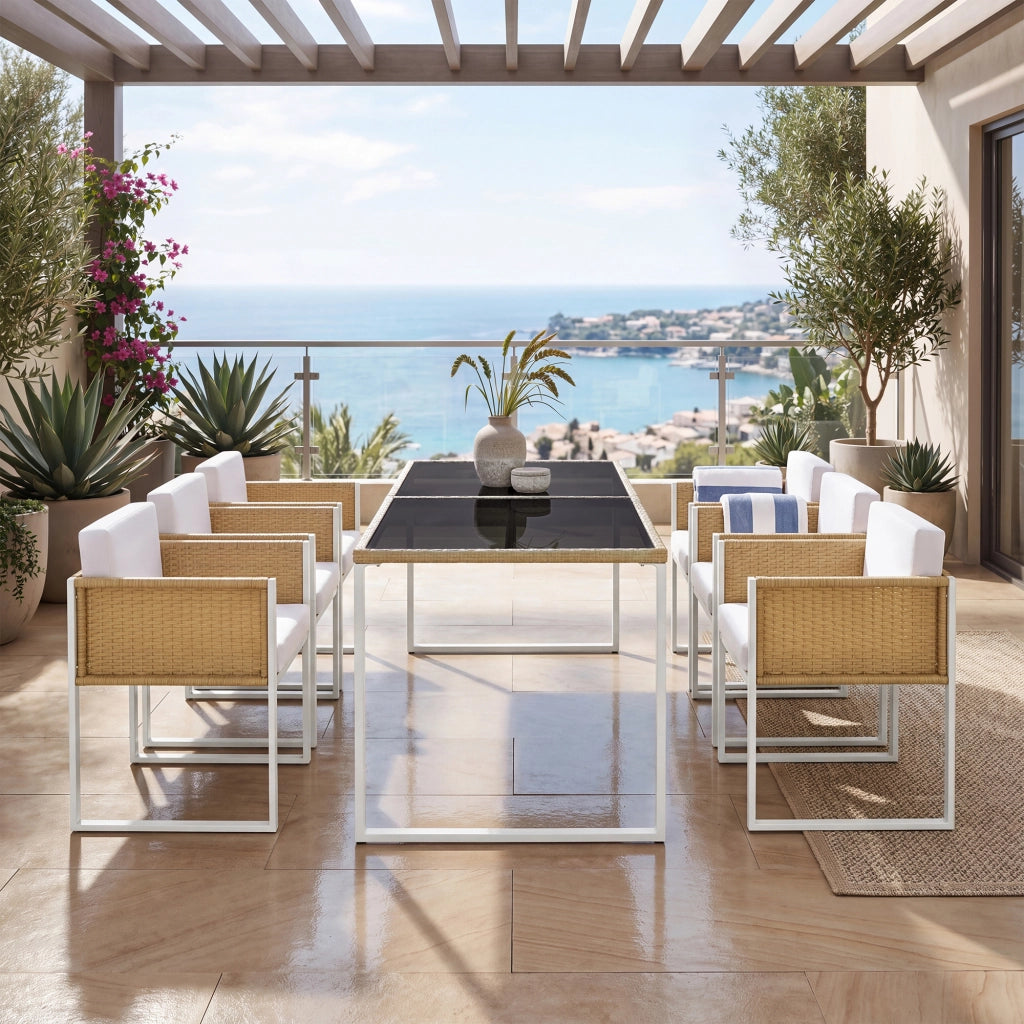 Set da pranzo da giardino in rattan PE con tavolo in vetro temperato e 6 sedie marrone e bianco