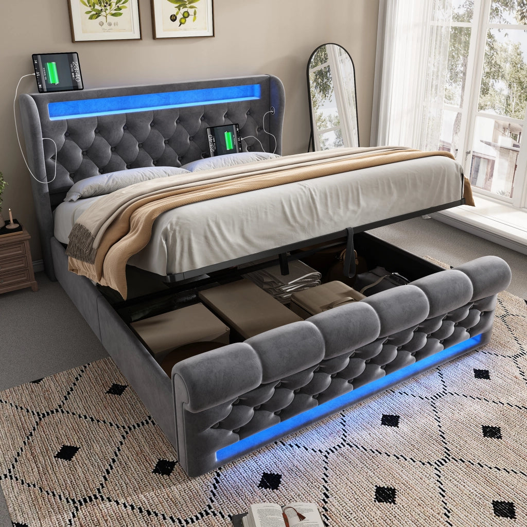 Letto matrimoniale imbottito moderno 140x200 cm con LED, testiera contenitore USB/Type-C, contenitore idraulico, velluto - Grigio (Senza materasso)