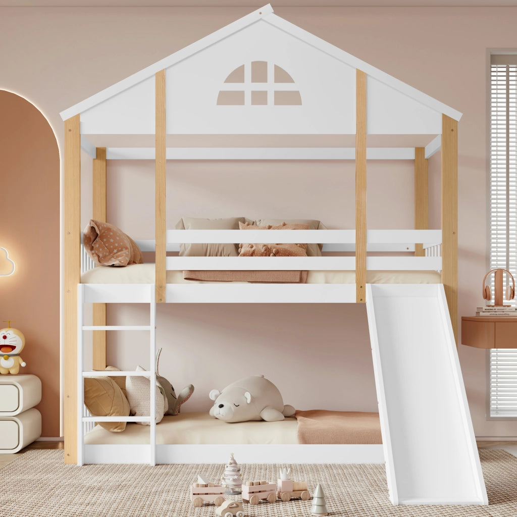 Letto a castello per bambini con scivolo 90x200 cm in pino massello e MDF; bianco e naturale per cameretta