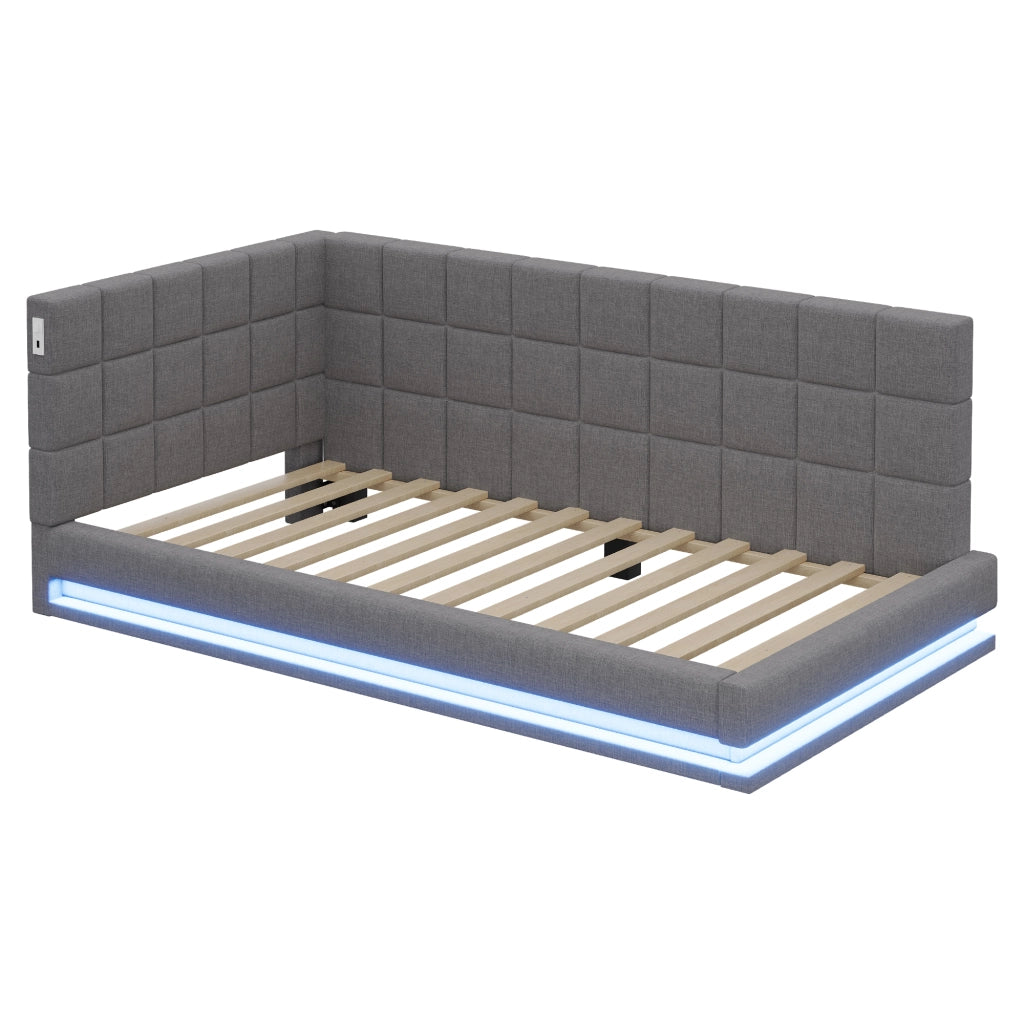 Divano letto 90 x 200 cm con LED multicolore via smartphone e USB, letto multifunzione in lino grigio con rete a doghe