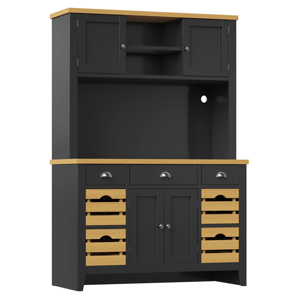 Credenza da cucina alta LED con ripiani regolabili e 4 cestelli, chiusura ammortizzata, nera, 120 × 40 × 188 cm