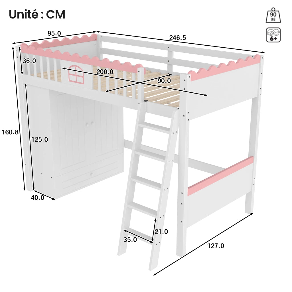 Letto a soppalco per bambini 90 × 200 cm con armadio, cassetto e illuminazione LED, senza materasso, bianco