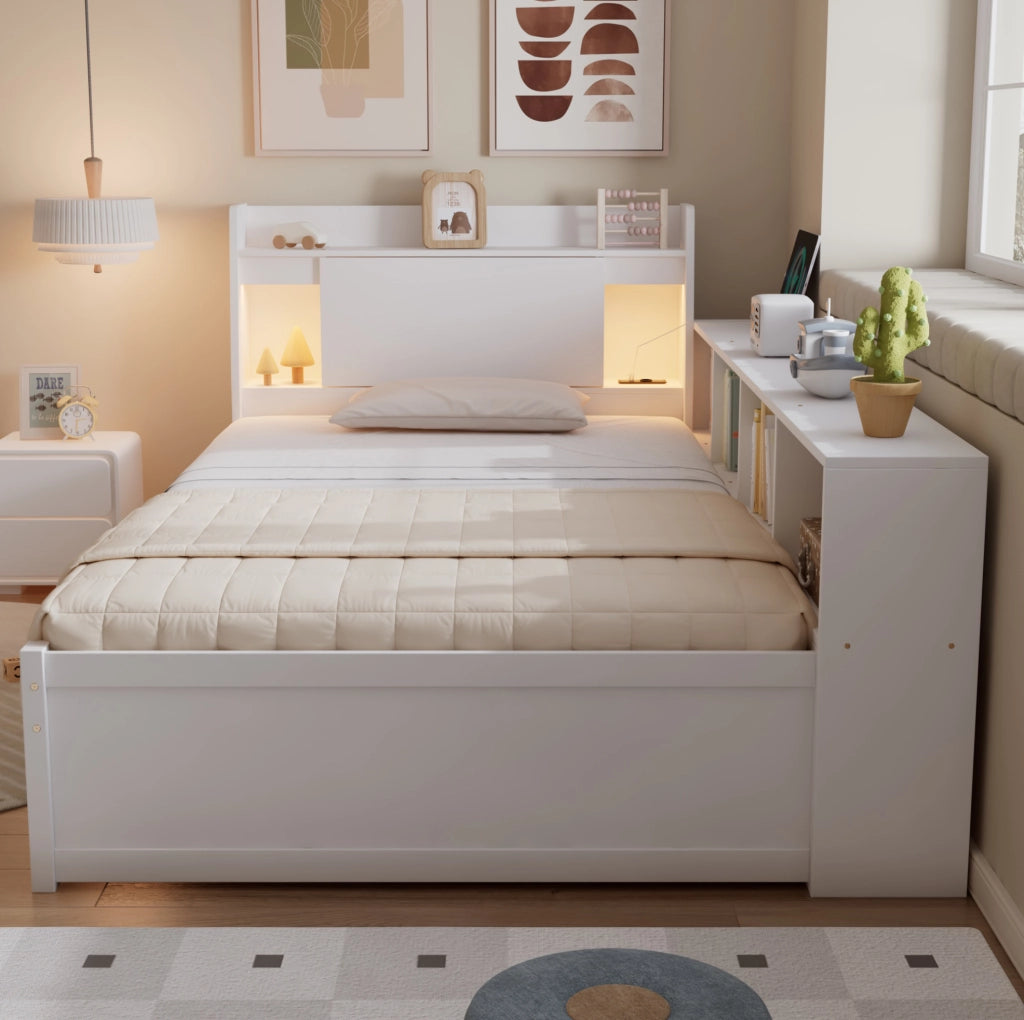 Letto singolo 90x200 cm con testiera contenitore e luci