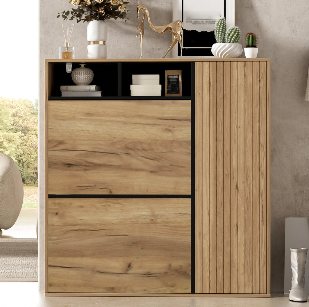 Scarpiera sottile con 2 ribalte e 1 anta, ripiani regolabili, design salvaspazio in legno e nero, 90x24x94 cm