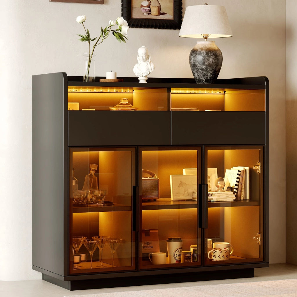 Vetrina - Credenza - Cantinetta - Ante in vetro - Illuminazione a LED - 2 cassetti - Nero