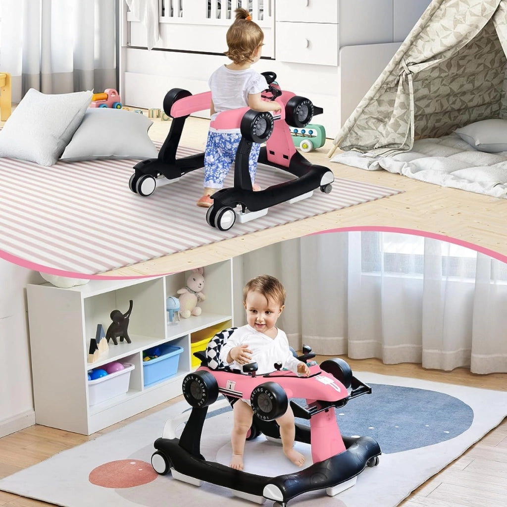 Primi passi 4 in 1 per neonati con altezza e velocit¨¤ regolabili, Primi passi a spinta con carillon con luci Rosa-Primi passi