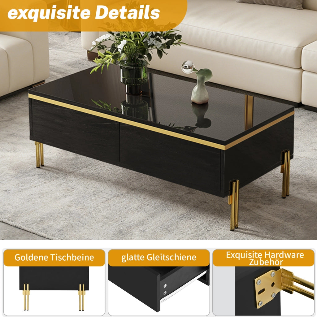 Tavolino da caffè moderno nero 100x50x36 cm in truciolare lucido con cassetti laterali