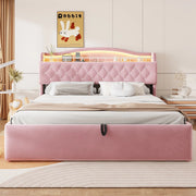 Letto Matrimoniale 180x200 cm con Contenitore Idraulico; Rivestimento in Velluto Rosa e Testiera LED con USB