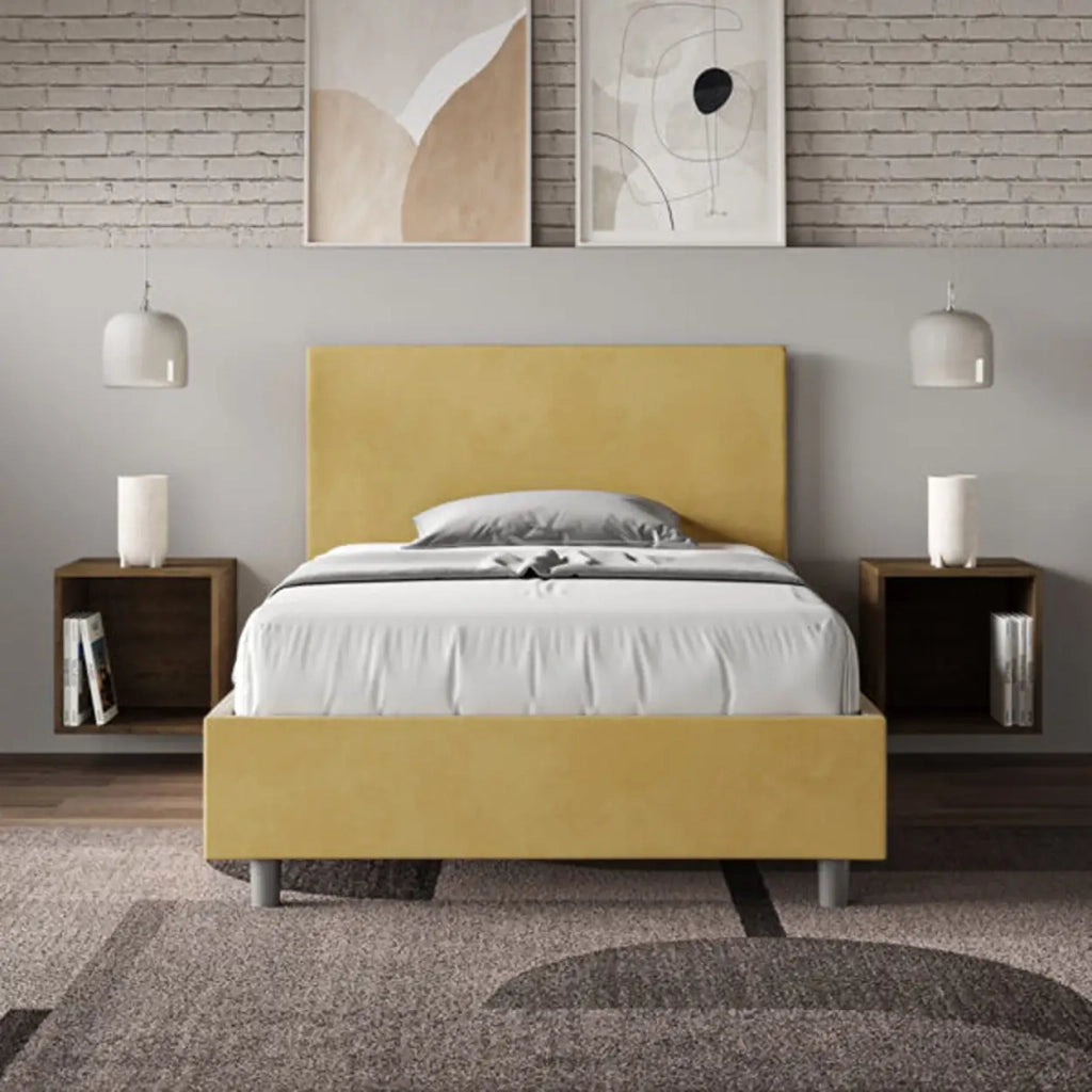 Letto una piazza e mezza contenitore imbottito 120x200 microfibra ocra Adele