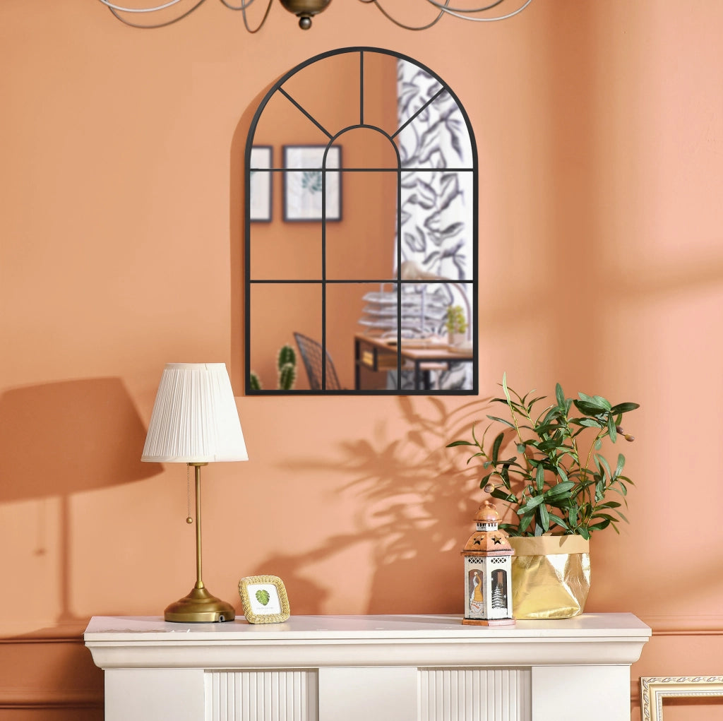 Specchio da parete ULEVR 91x60 cm con cornice arcuata in metallo nero e ganci preinstallati