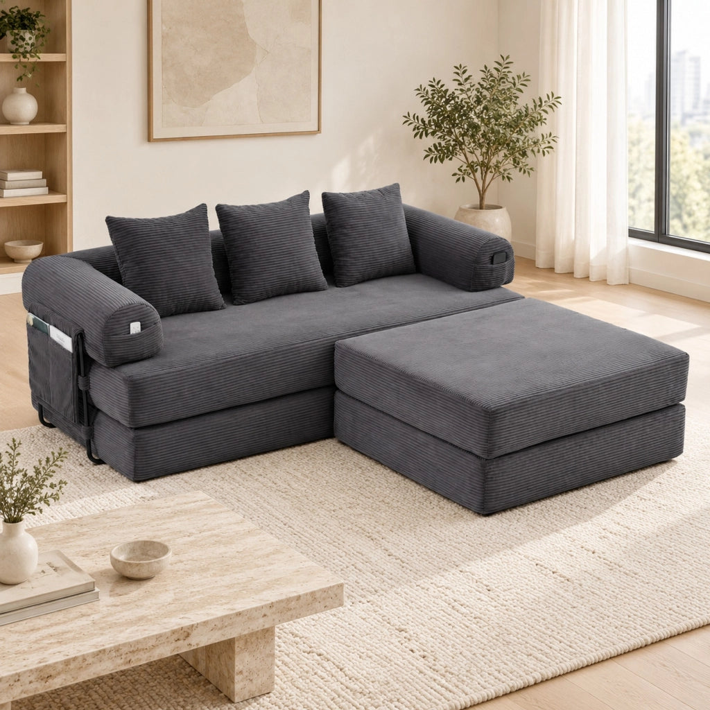 Divano modulare 200x190x67 cm in velluto a coste grigio scuro con tasca laterale