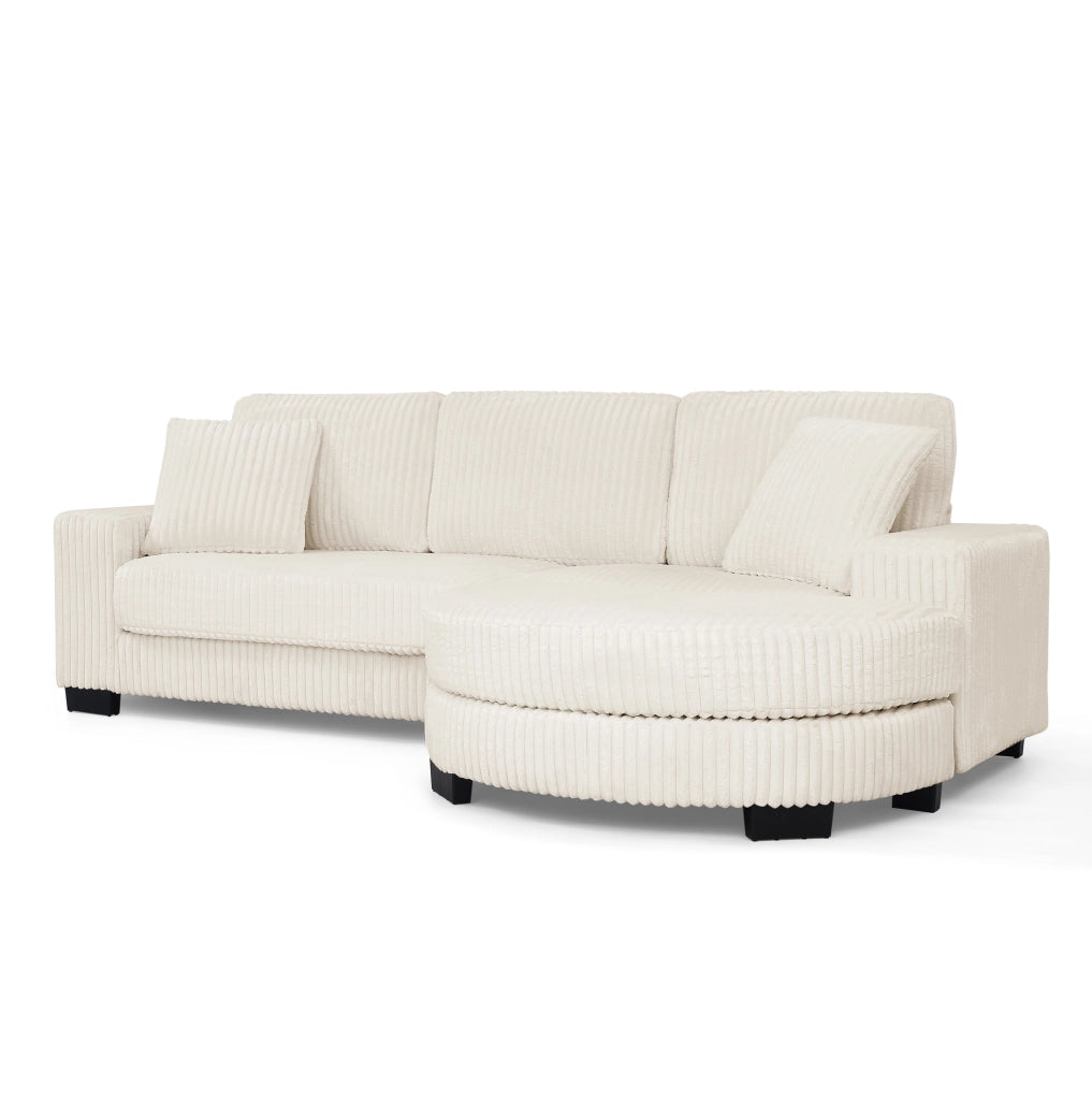 Divano angolare a L 4 posti in velluto a costine beige con pouf ovale modulare e 2 cuscini
