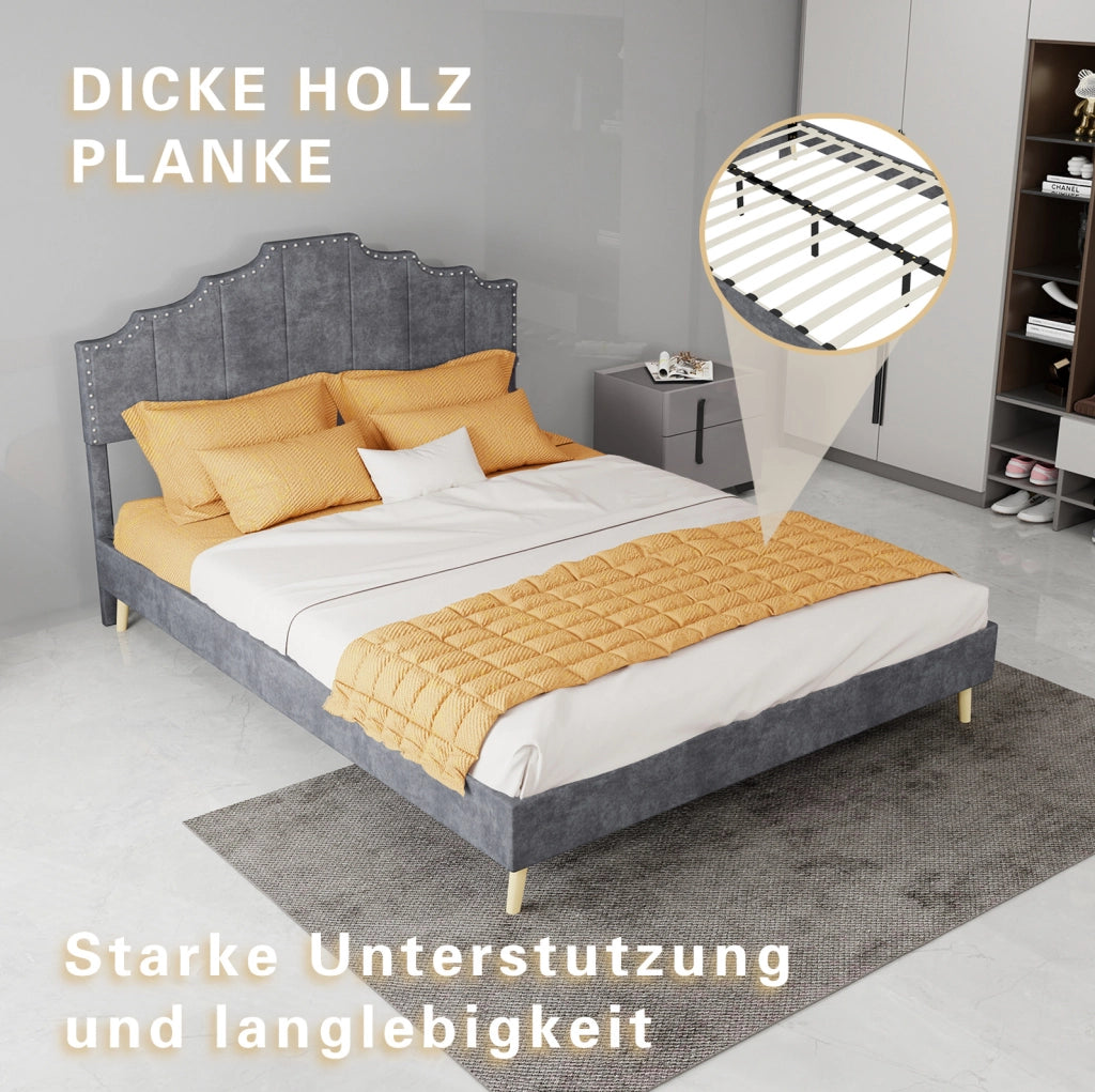 Letto moderno minimalista 140x200 cm con testiera imbottita in tessuto grigio, struttura bassa multifunzionale con materasso incluso