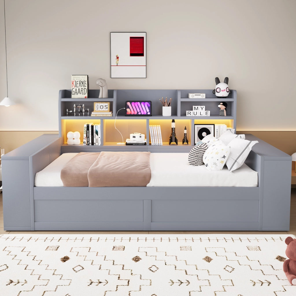 Divano letto 90x200 cm con contenitore idraulico, LED e prese in compensato e MDF grigio