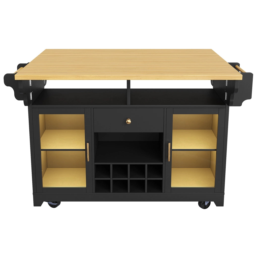 Carrello da cucina con ripiani regolabili, portabottiglie e piani pieghevoli, LED RGB, nero, 120 × 80 × 95 cm