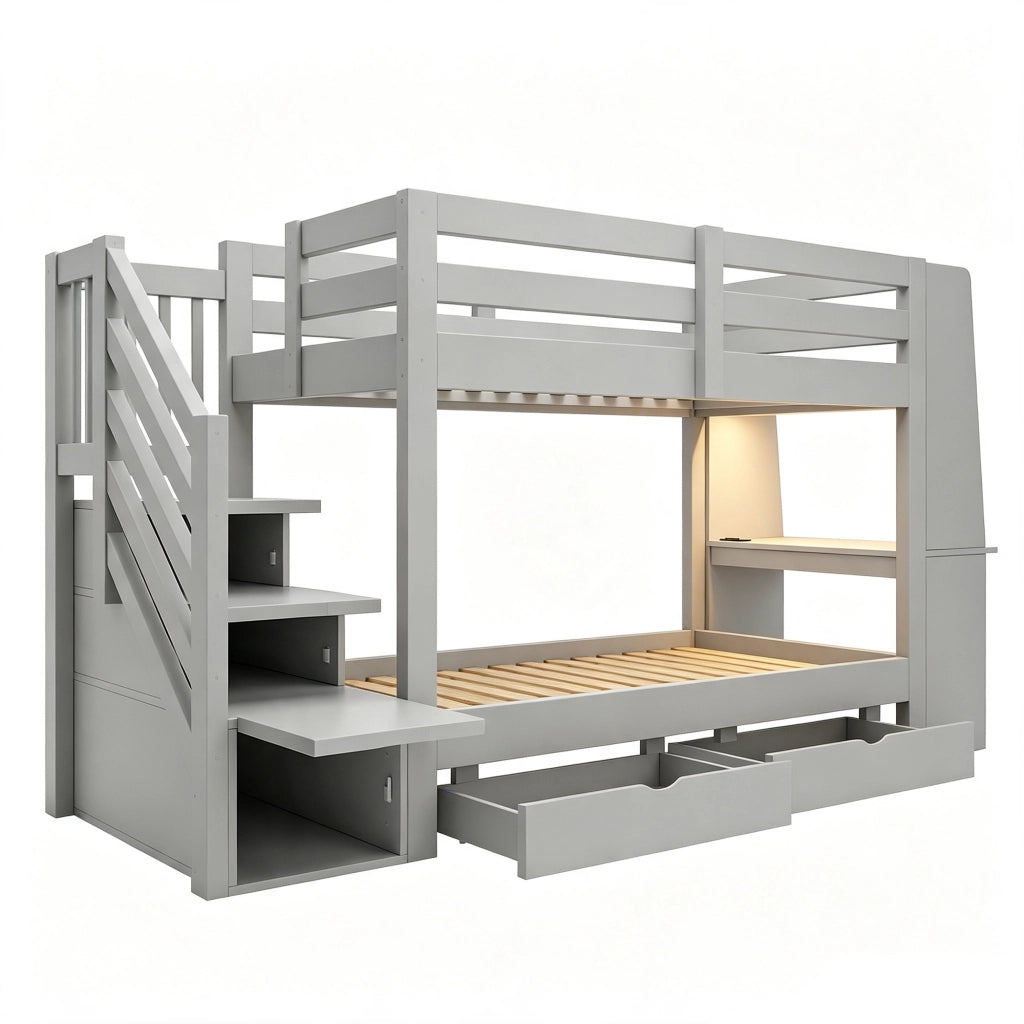 Letto a castello 90x200 cm con scrivania; libreria; scala contenitore; LED e cassetti; grigio