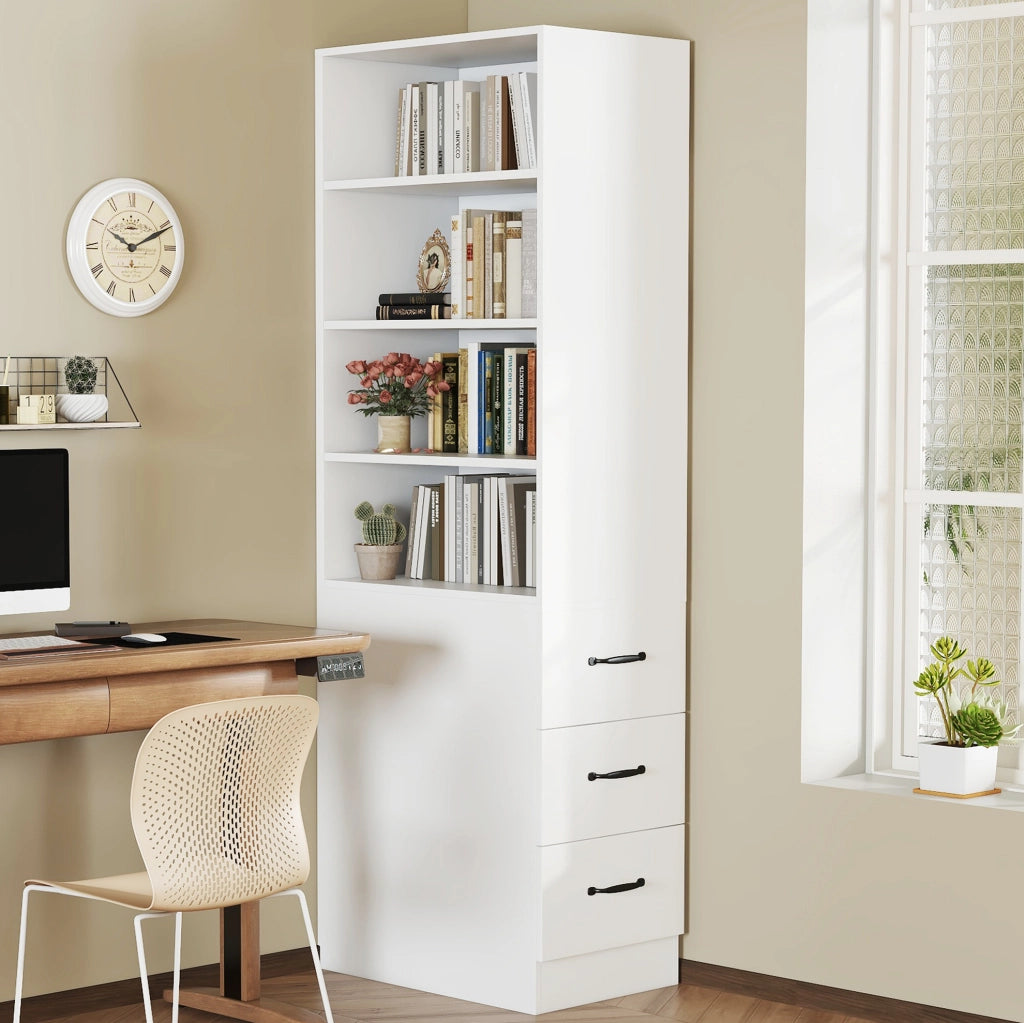 Libreria stretta 60x38x180 cm bianca con 3 cassetti laterali