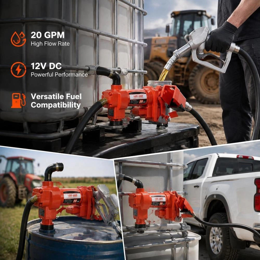 Fuel Transfer Pump, 12 V DC, 75.7 L/min, 1/4 HP, Diesel Transfer Pump With Manual Nozzle, Outlet And Suction Hose, For Gasoline, Kerosene, Ethanol Mixtures, Methanol, Biodiesel