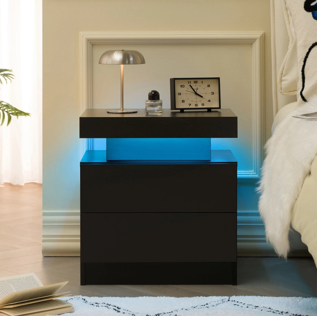Comodino Moderno con Luci LED Regolabili e 2 Cassetti, Nero