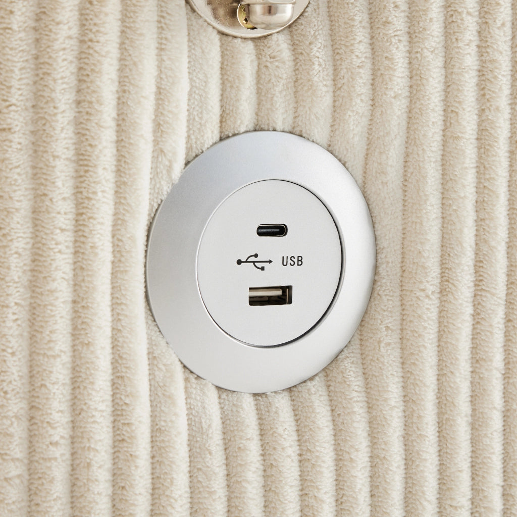 Divano angolare 3-4 posti con pouf mobile, USB e ripiani braccioli in velluto a coste beige