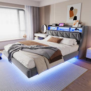 DESMIU Letto imbottito 180 × 200 cm 2 posti con USB, Type-C, LED e vani portaoggetti, senza materasso, grigio