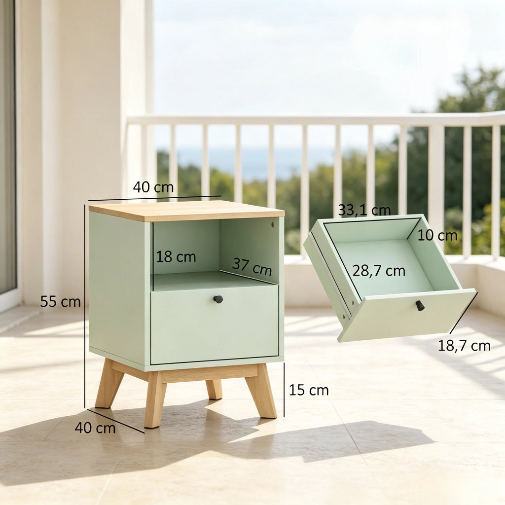 Set di 2 comodini moderni con cassetto e vano a giorno 40x40x55 cm verde chiaro