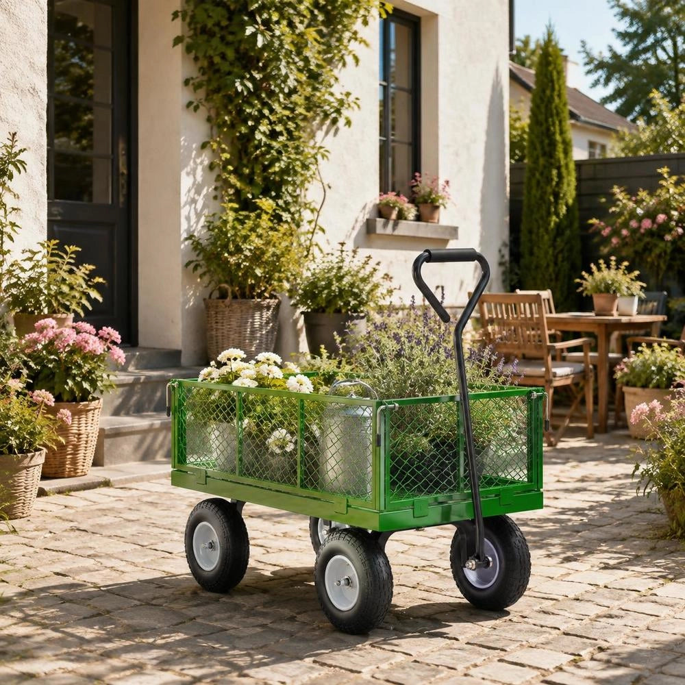 Wagon 408.23 Kg, Transport Wagon, Equipment Wagon, Garden Wagon, Handcart With 10-inch Tires And Removable Mesh Side Panels (convertible To A Flatbed) And 180° Rotating Handle