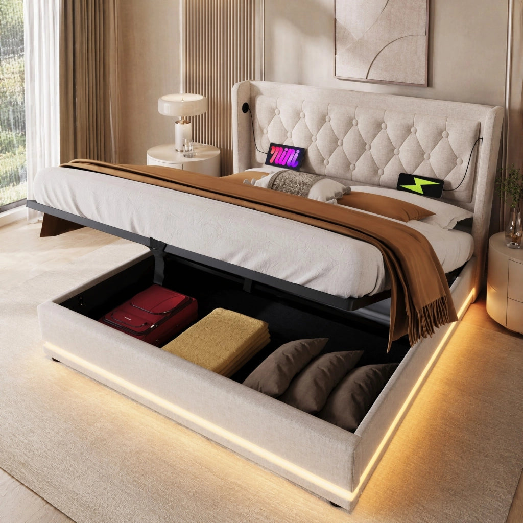 Letto contenitore 160 × 200 cm con testiera imbottita USB e Type-C LED in cotone beige senza materasso