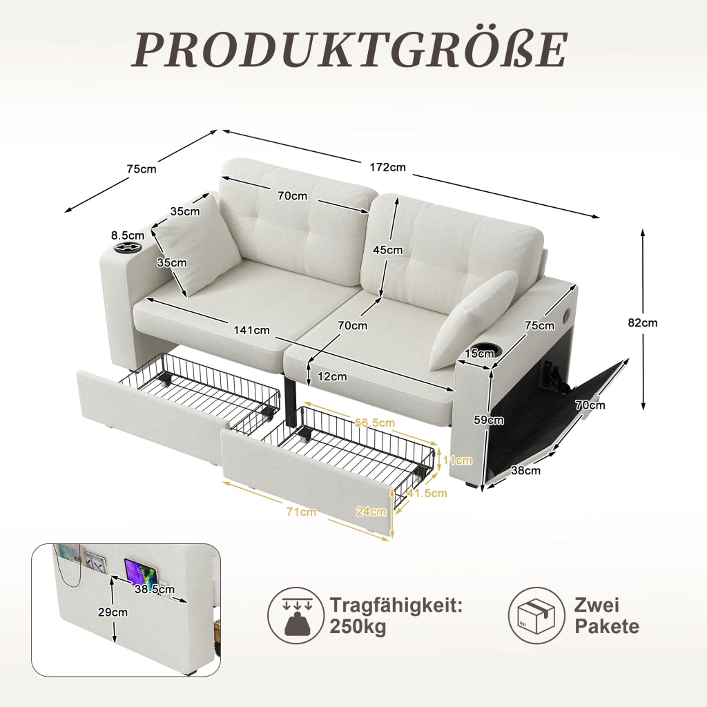 Divano a 2 posti con portabicchieri; vani laterali e USB - in chenille beige