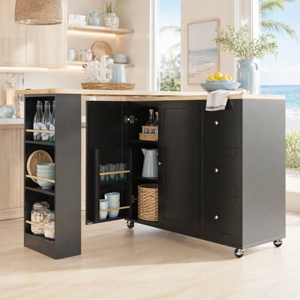 Mobile bar girevole a 360° con ruote, tre cassetti, due ante e ripiano snack laterale in MDF nero