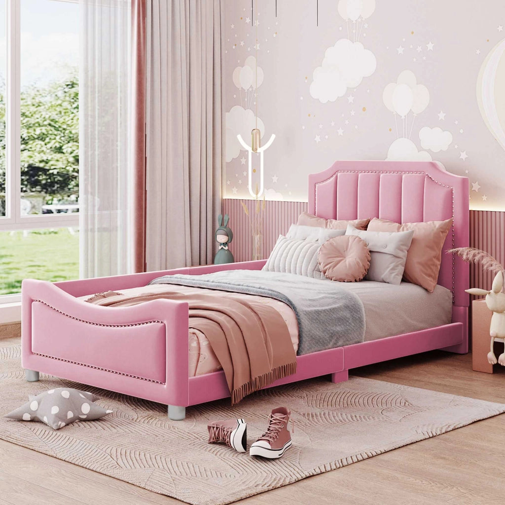 Letto singolo imbottito 90x200 cm rosa con schienale e braccioli, senza materasso