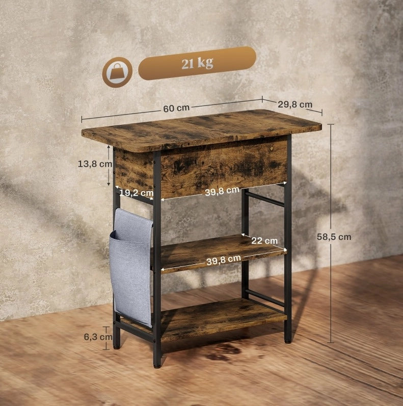 Tavolino Laterale con Prese e Porte USB, 2 Ripiani, 60x29,8x58,5 cm, Marrone Rustico
