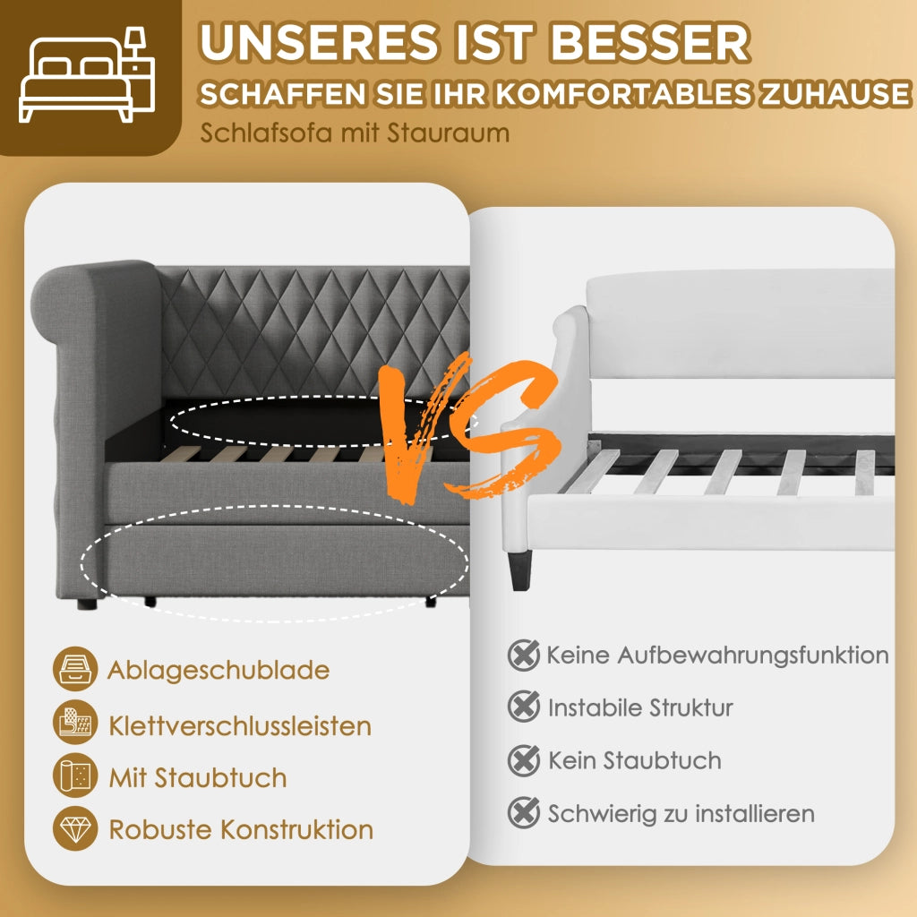Materasso 90x200 cm con cassetti; testiera contenitore; Lino; Grigio