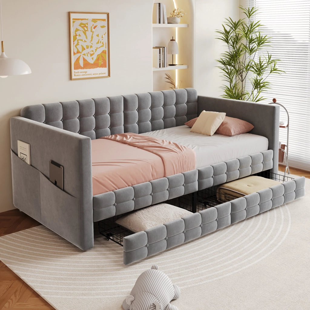 Letto divano singolo 90×190 cm con 2 cassetti e 4 tasche laterali; senza materasso; in velluto grigio