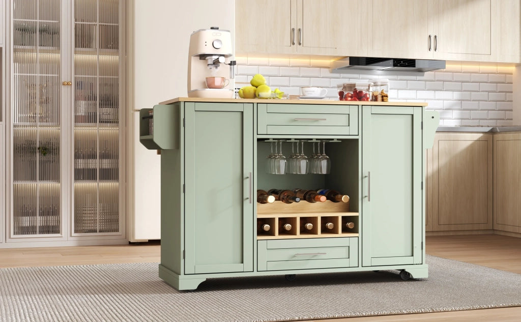 Carrello da cucina con piano ribaltabile, isola su ruote con portabottiglie, bicchieri, spezie e asciugamani, 120x45/70x92 cm, verde