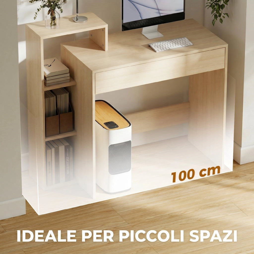 Scrivania PC Moderna con 3 Ripiani Aperti e Cassetto, in Legno, Color Legno, 100x40x90 cm