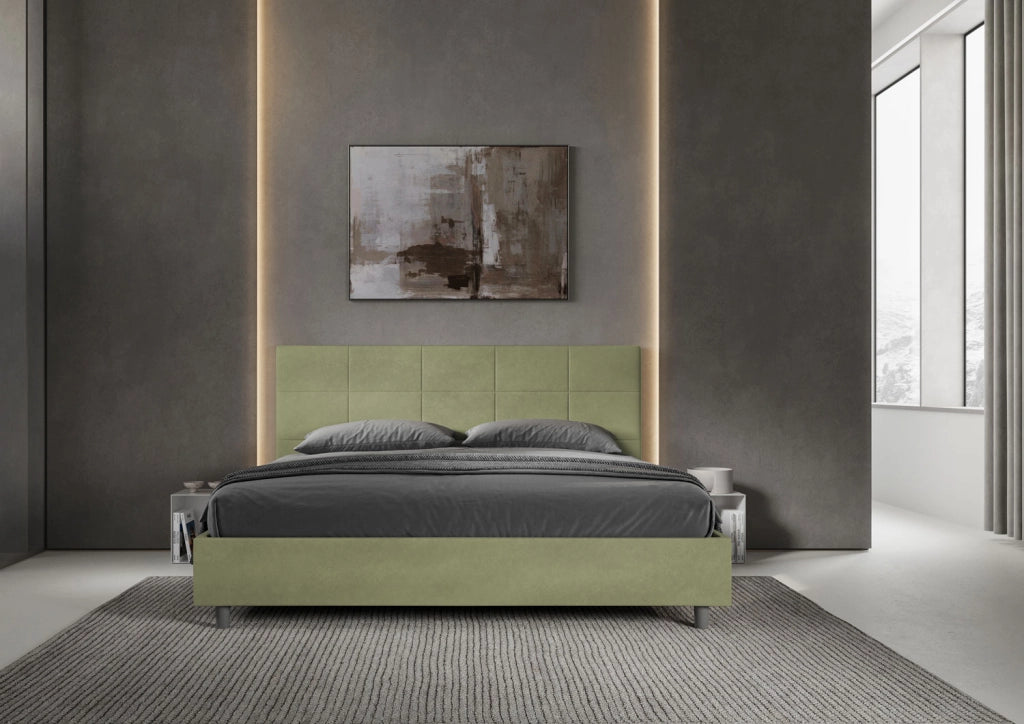 Letto Matrimoniale King Size 170x190 cm con Rete e Contenitore Imbottito in Microfibra Mika Tè Verde