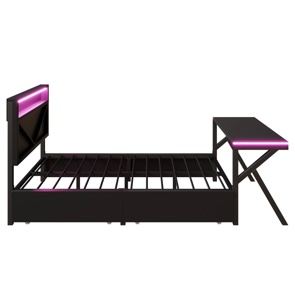 Letto Contenitore Imbottito 140x200 cm con Cassetti; LED; Nero